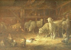Barn Interior With Hens And Lambs by Charles Franklin Pierce