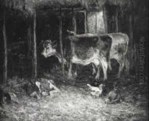 Barn Interior With Cows And Chickens by Charles Franklin Pierce