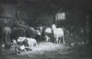 Sheep And Chickens In A Barn by Charles Franklin Pierce