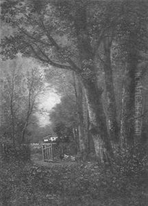 Wooded Landscape With Gate And Chickens by Francois Pierdon