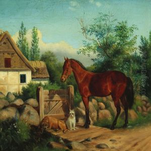Farm Exterior With A Horse And Two Dogs Waiting At The Gate