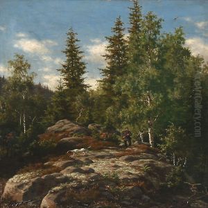 Sunny Rock Landscape With A Hunter And His Dog by Carl Henrik Bogh