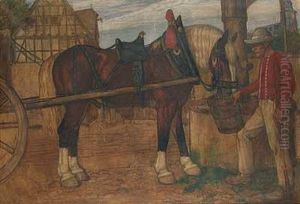 Einspanner An Der Tranke Vor Gutshof Und Kirche by Fritz Boehle