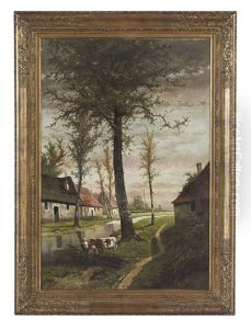 Landscape With A Farm And Cattle by Henri Joseph Pieron