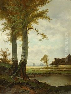 Bouleaux Devant Une Ferme Dans Un Paysage by Henri Joseph Pieron