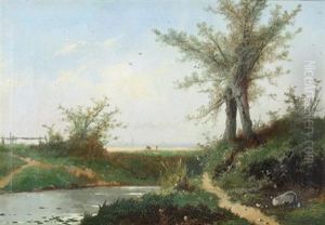 Landscape With Cows And Distant City by Henri Joseph Pieron