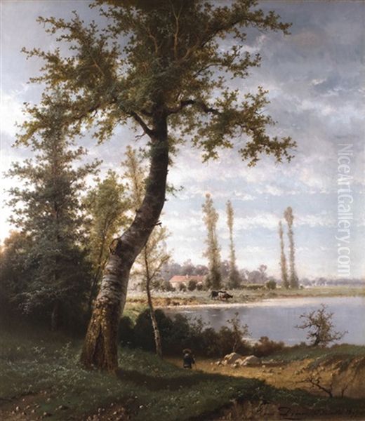 Baumlandschaft Mit Flussufer, Kuhen Und Einem Hirten - view 1