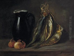 Stilleben Mit Geraucherten Bucklingen, Henkelkrug Und Zwiebeln