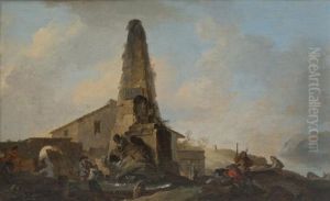 Des Bergers Avec Leur Troupeau Aux Abords De Rome Et Des Paysans Autour D'une Fontaine A Obelisque (pair) by Jean Baptiste Marie Pierre