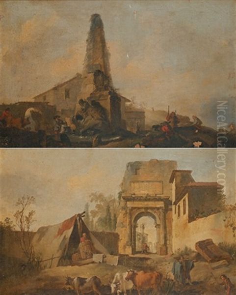 Paysage A La Fontaine En Obelisque (+ Berger Et Son Troupeau A L'entree D'un Village; Pair) - view 1