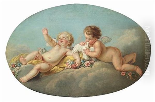 Cupid And A Putto Holding Garlands Of Flowers (+ Two Putti With A Dove And Garlands Of Flowers; Pair) - view 1