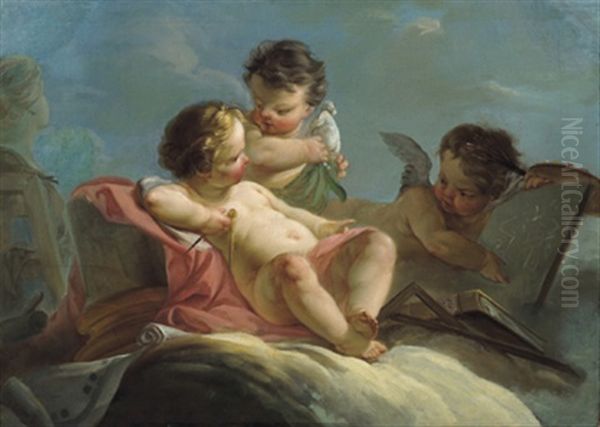 Drei Putten Auf Den Wolken Sitzend: Allegorie Der Architektur, Bildhauerei Und Malerei - view 1