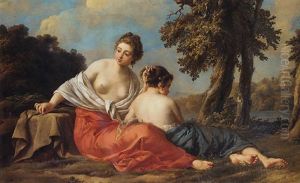 A Girl Tying Up Another Girl's Hair By A Riverbank