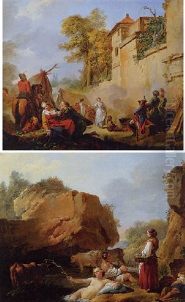 Military Encampment Beside A Town Wall With An Amorous Couple In The Foreground - view 1