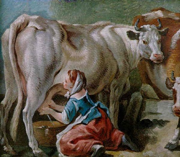 Jeune Fermiere Trayant Une Vache - view 1