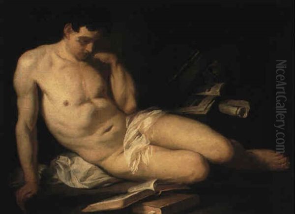 A Reclining Academy Study, Reading, A Skull And Scrolls Nearby - view 1