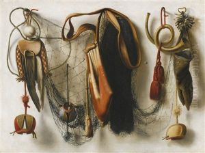 A Trompe L'oeil Still Life Of Hawking Equipment, Including A Glove, A Net And Falconry Hoods, Hanging On A Wall