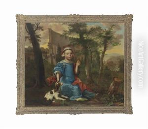 Portrait Of A Girl, Full-length, In A Blue Dress And Red Wrap, With A White Bonnet And Pearl Necklace, Holding A Peach In Her Left Hand, With A Dog...