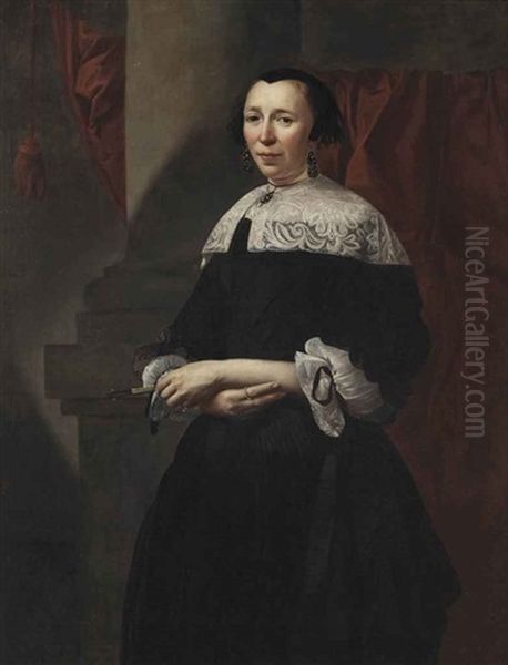 Portrait Of A Lady, Three-quarter-length, In A Black Dress With White Lace Sleeves, A White Lace Collar And A Black Lace Cap And Wearing Onyx Earrings... - view 1