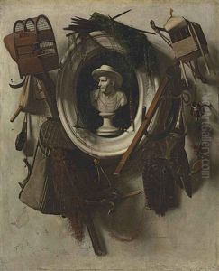 A Trompe L'oeil Of Gaming Equipment, With Nets, Falconry Hoods, Bird Cages, A Hunting Horne And A Glove, Hanging On A Wall, With A Bust In A Sculpted Niche by Christoffel Pierson