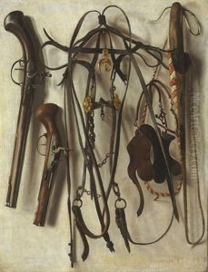 A Trompe L'oeil Of Hunting Equipment, Including A Bridle, Pistols, Whip, And Spurs, Hanging On A Wall