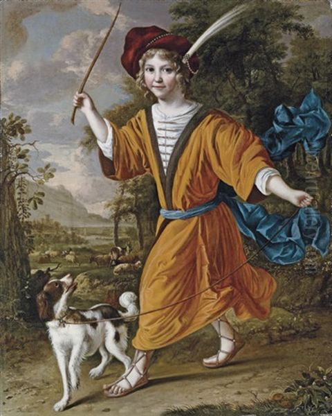 Portrait Of A Boy In Costume, With A Dog In A Landscape - view 1