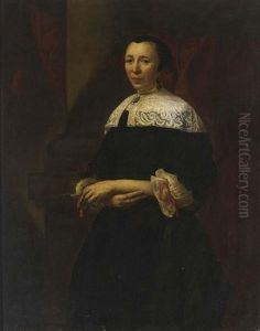 A Portrait Of A Lady Wearing A Black Dress With A White Lace Collar And Lace Cuffs With Red Ribbons