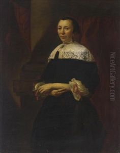 A Portrait Of A Lady, Standing Three-quarter Length, Wearing A Black Dress With A White Lace Collar And Lace Cuffs With Red Ribbons by Christoffel Pierson