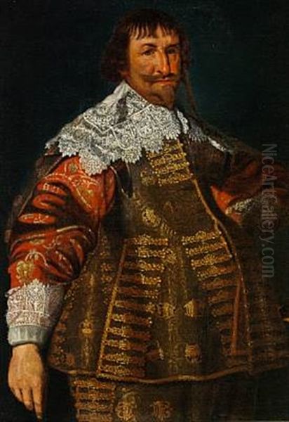 King Christian Iv In A Red Brocade Dress With A Large Lace Collar And Cuffs - view 1