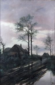 Continental Country Scenes With Thatched Cottages And Figures by John Henry Boel