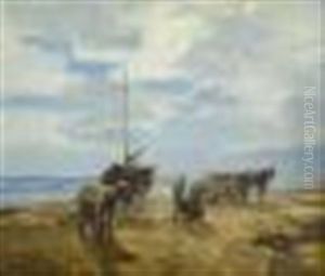 Beach Scene With Fishing Boat, Horse-drawn Cart And Figures by Evert Pieters
