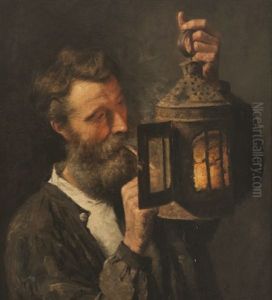 Vieil Homme Allumant Sa Pipe A La Bougie D'une Lanterne