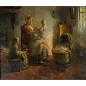 An Interior Scene With Mother And Children by Evert Pieters