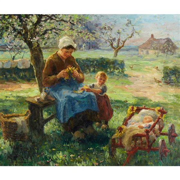 Mother And Her Children In A Spring Orchard - view 1