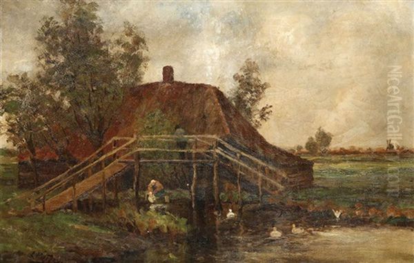Femme A La Lessive Devant La Ferme, Paysan Sur Un Pont - view 1