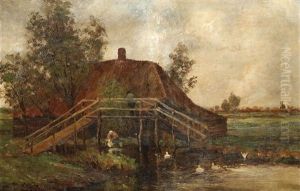Femme A La Lessive Devant La Ferme, Paysan Sur Un Pont by Evert Pieters