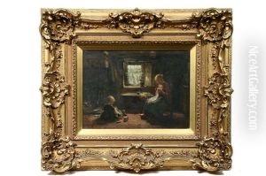 Mother And Daughter Sewing At Window's Light by Evert Pieters