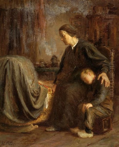 Mother And Child By A Cot In A Cottage Interior - view 1
