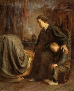 Mother And Child By A Cot In A Cottage Interior by Evert Pieters