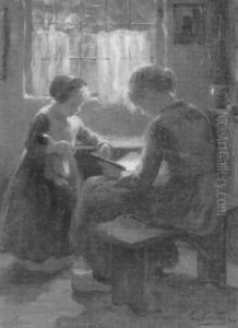 Kitchen Interior With Girls Reading by Evert Pieters
