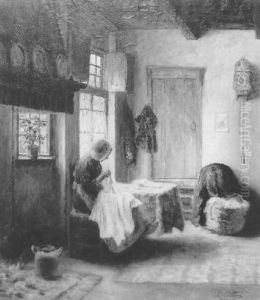 Larens Interieur Met Handwerkende Vrouw by Evert Pieters