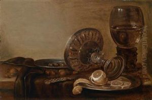 Einstillleben Mit Einem Umgesturzten Silberpokal Und Einem Romer by Maerten Boelema De Stomme