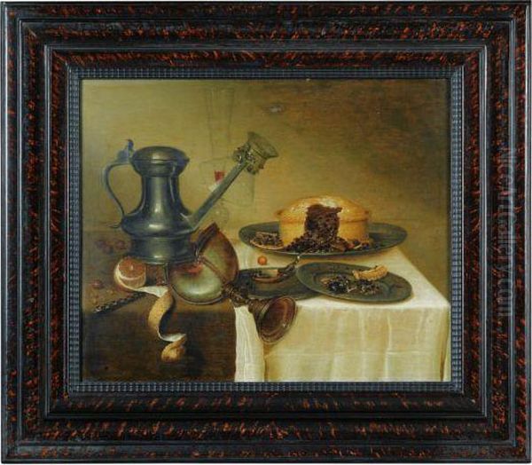 Nature Morte Au Pichet, Citron, Tourte Et Vase Nautile Sur Unentablement De Bois - view 1