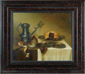 Nature Morte Au Pichet, Citron, Tourte Et Vase Nautile Sur Unentablement De Bois by Maerten Boelema De Stomme