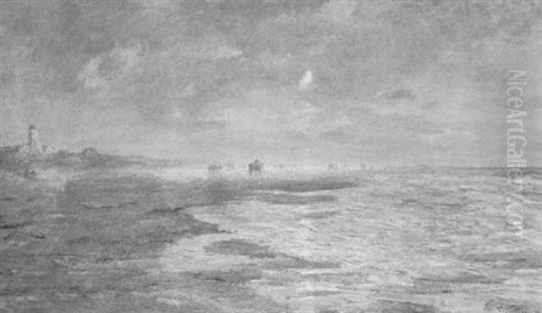 Shrimp-fishers On A Beach, A Lighthouse Beyond - view 1