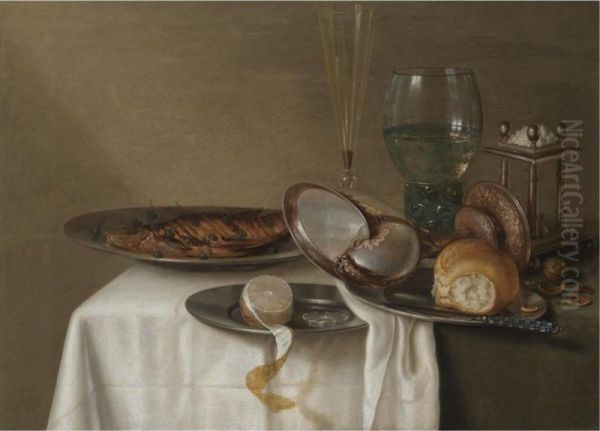 A Still Life With A Half-peeled Lemon On A Pewter Dish, A Dried Fish With Capers, A Wine Glass, Roemer, Triangular Salt Cellar And A Nautilus-shell Cup On A Table Covered With A Dark Cloth And White Napkin - view 1