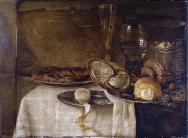 A Still Life With A Roemer, A Tall Wine-glass, A Nautilus Cup, Pewter Plates, Lemons, A Knife And Other Objects, All Arranged On A Partly-draped Table - view 1