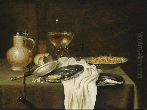 A Still Life With A Stoneware Jug, A Flute, A Roemer, Shrimps, Bread And Tobacco On Pewter Plates, Shrimps In A Wan-li Porcelain Bowl, Together With A Knife, All On A Draped Table With A White Tablecloth - view 1