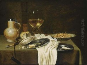A Still Life With A Stoneware Jug, A Flute, A Roemer, Shrimps, Bread And Tobacco On Pewter Plates, Shrimps In A Wan-li Porcelain Bowl, Together With A Knife, All On A Draped Table With A White Tablecloth by Maerten Boelema De Stomme