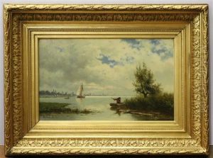 Boten Op Een Hollandse Plas, Aan De Horizon Een Kerk En Molens